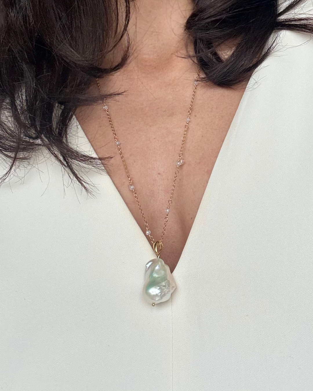 WILYMI Jewelry Co - Wholesale Pendant/Charm Necklace - Long White Baroque Pearl Necklace + Herkimer Diamonds3