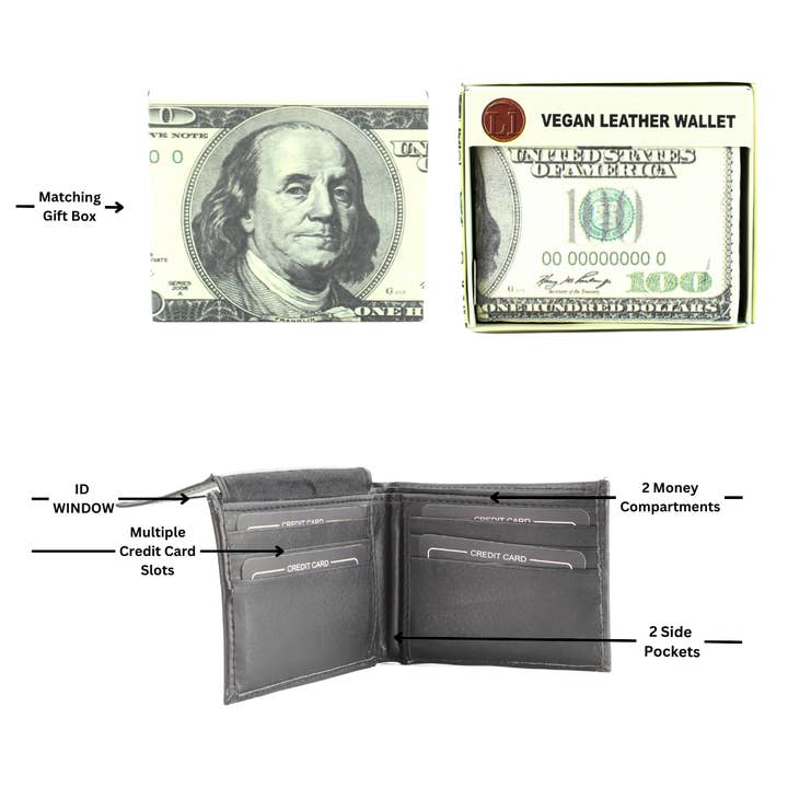 Leather Impressions Inc - Wholesale Wallet - Men's - Old $100 Dollar Bill Vegan Leather Bi Fold Wallet # VL 502