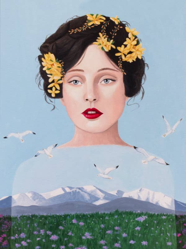 Portrait de Lady Canigou avec mouettes, pic de neige pour la vente par Sally B