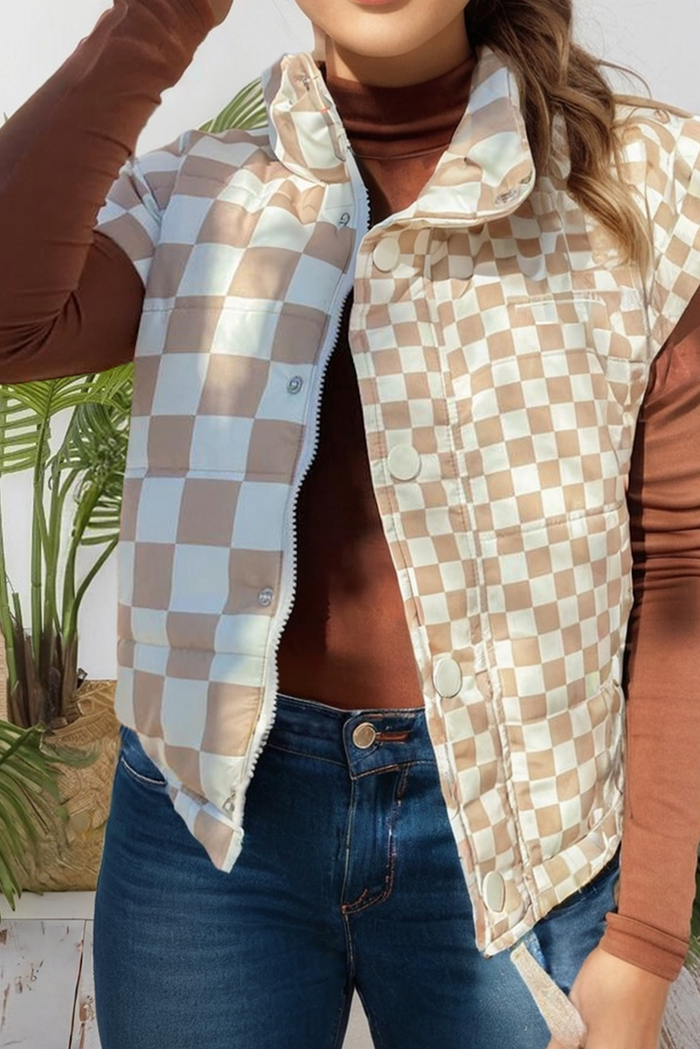 Kaki Gilet à carreaux avec col montant et boutons (S-XL) en vente sur Faire0