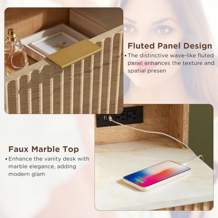 ShipItFurniture - Wholesale Vanity Mirror - 48" Fluted Makeup Vanity Desk with Large 36" Mirror and Lights, Modern Glass Top Big Vanity Table with 5 Drawers & Adjustable Shelves, Dressing Table Set W/Charging Station for Bedroom, Oak