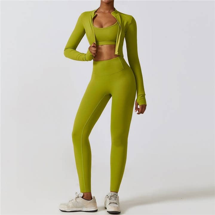 FurDecoration - Wholesale Activewear Set - Women's - Solid Color Sports Bra, Cropped Outerwear, and Leggings Three-Piece Set