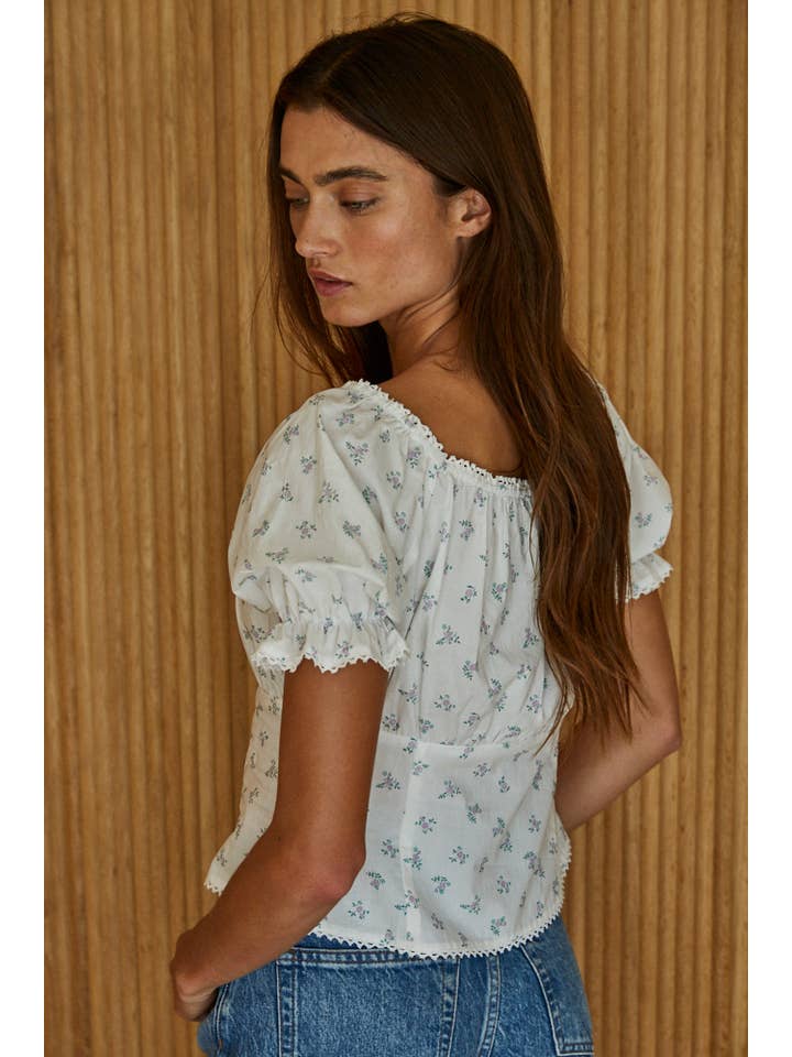 White Multi L8155 | Woven Cotton Floral Print Short Sleeve Top for wholesale on Faire