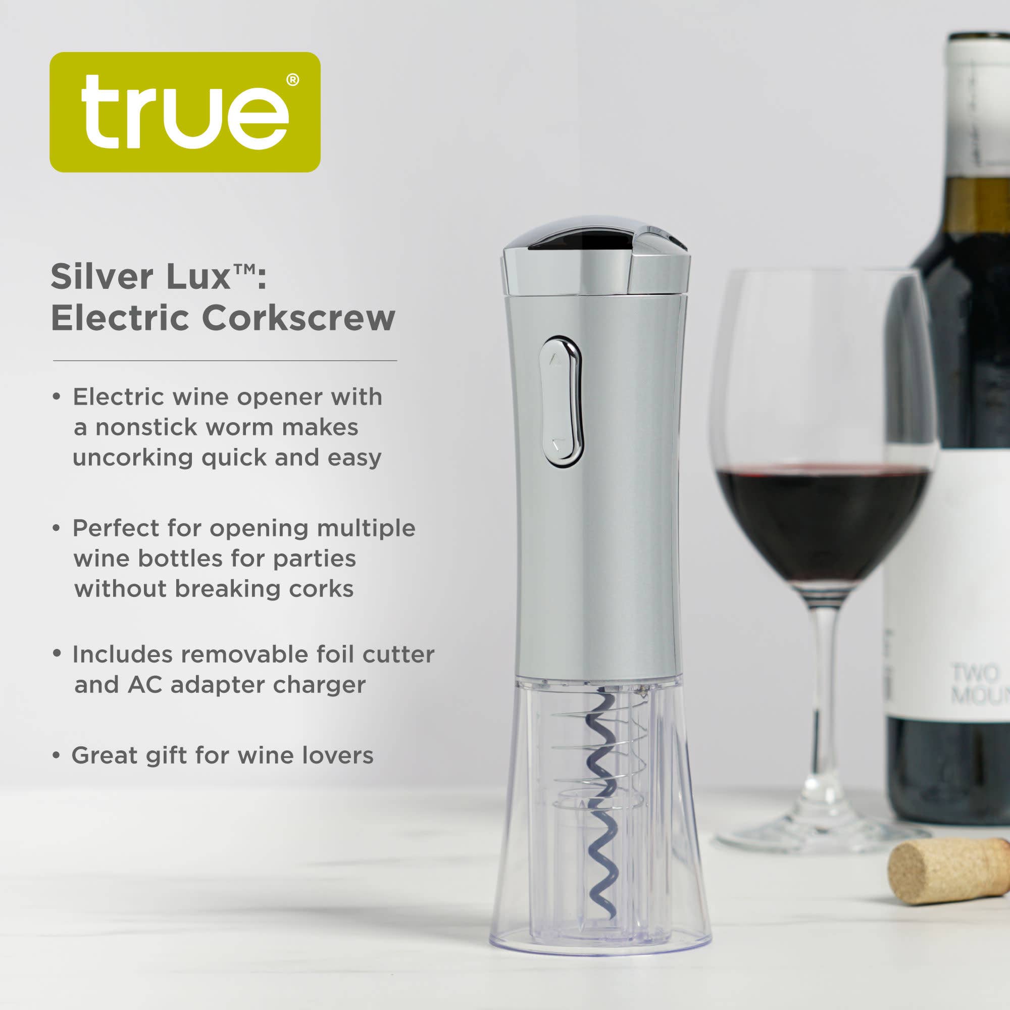 TRUE - Vente Sets d'ustensiles pour vin - Tire-bouchon électrique Silver Lux avec coupe-capsule amovible2