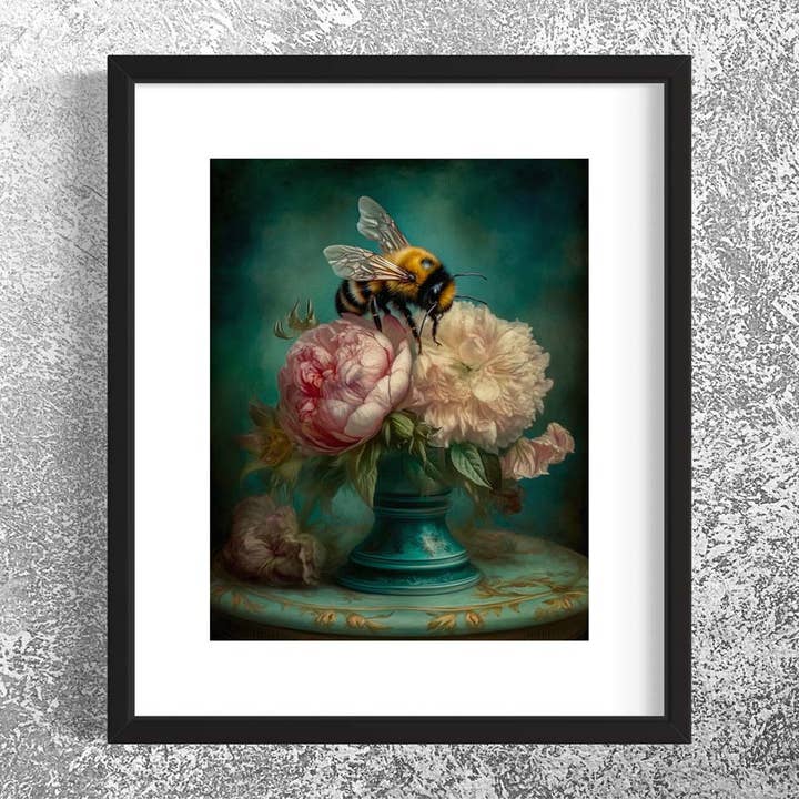 Salty Alyce - Wholesale Art Print - Bee and Pink Peonies Still Life Wall Art RA38