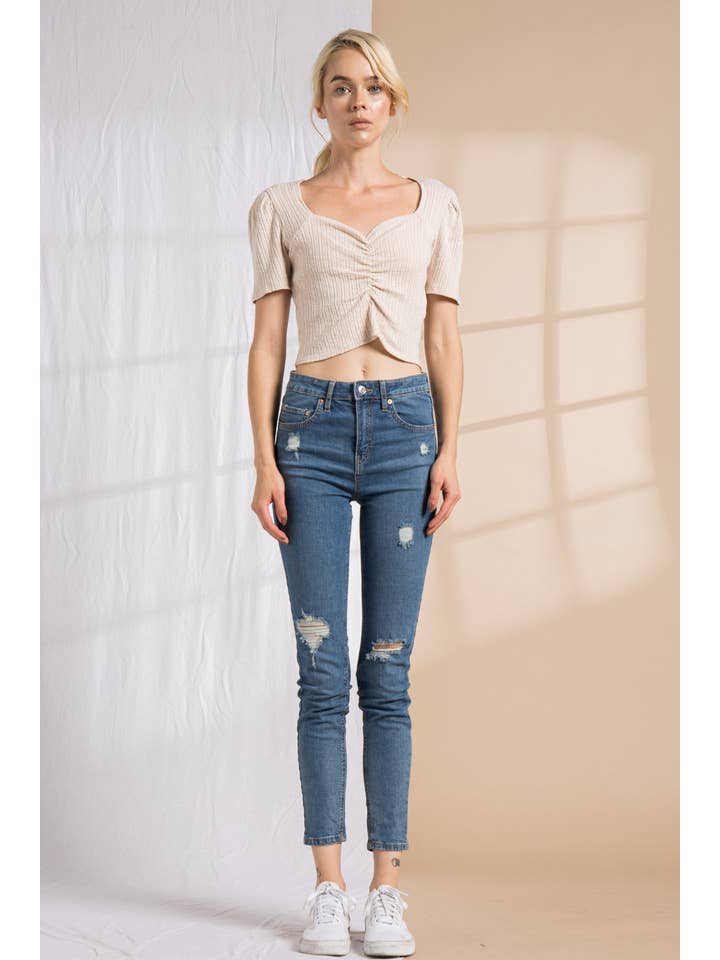 LENA - Vente Haut en maille – femme - Haut cintré en tricot côtelé à manches courtes et col cœur19