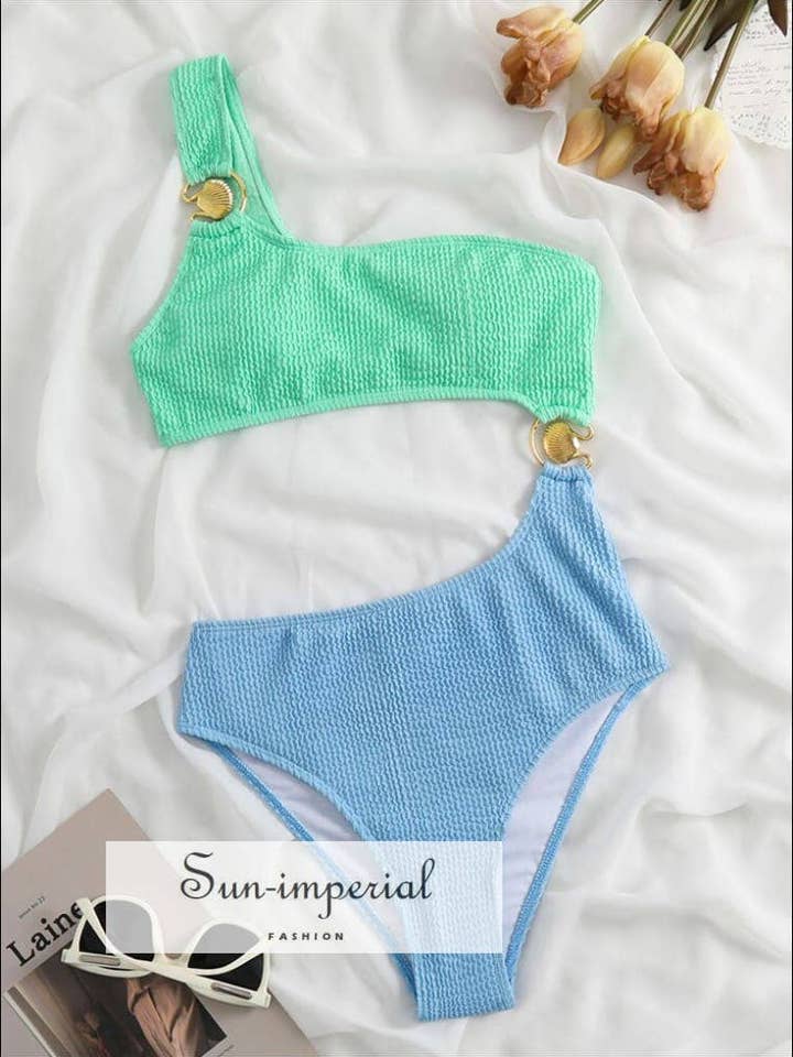 One Shoulder One Piece Color Block Cut Out Swimsuit for wholesale by Sun Imperial