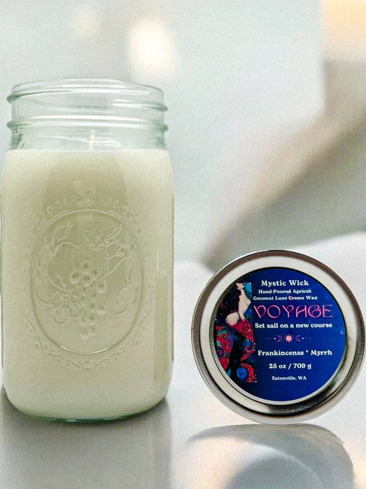 Wierook en Mirre - (Voyage) Abrikoos-/kokoswas - Mason Jar Candle 25 oz. voor wholesale door Mystic Wick LLC