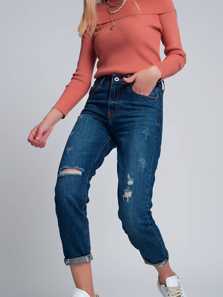 Jean slim maman taille haute en bleu lavé avec déchirures sur le devant pour la vente par Q2—All Orders:Free Duties for the US,UK,and Canada