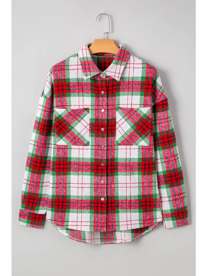 Red Plaid Flannel Buttoned Christmas Shacket for wholesale on Faire5