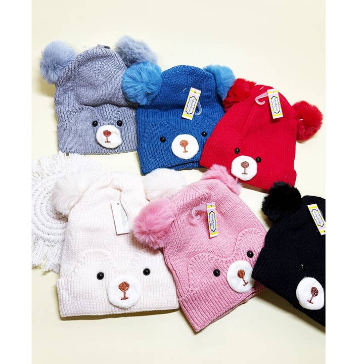 Kids Bear Pom Pom Ribbed Knit Beanie for wholesale by Funteze