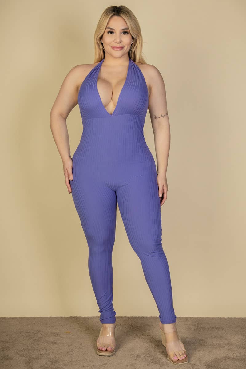 CAPELLA APPAREL - Wholesale Jumpsuit - Women's - Plus Size Halter V Neck Ribbed Bodycon Jumpsuit9