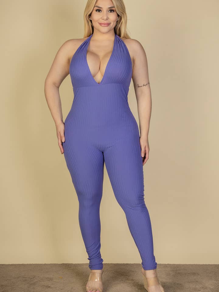 CAPELLA APPAREL - Wholesale Jumpsuit - Women's - Plus Size Halter V Neck Ribbed Bodycon Jumpsuit9