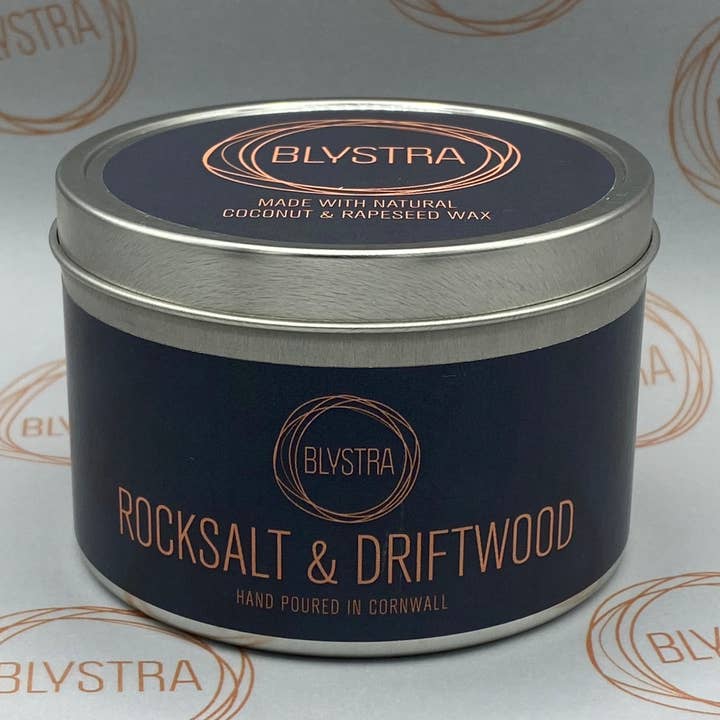 Rock Salt & Driftwood Hand-poured Tin Candle for wholesale by Blystra candles