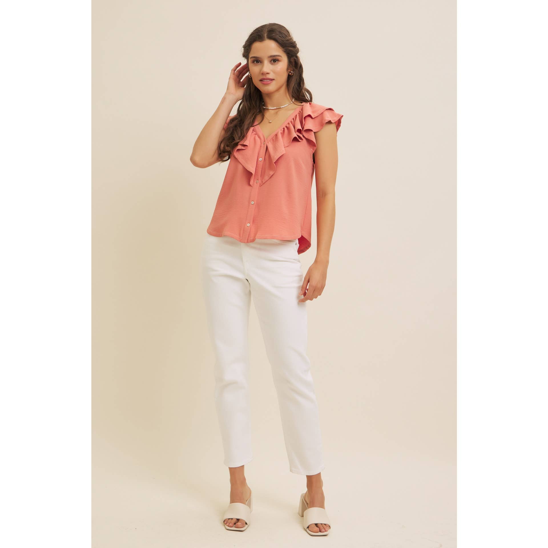 in february - Wholesale Blouse - Women's - RUFFLE BLOUSE TOP WITH BUTTON-DOWN FRONT AND CONTRAST STITCH7
