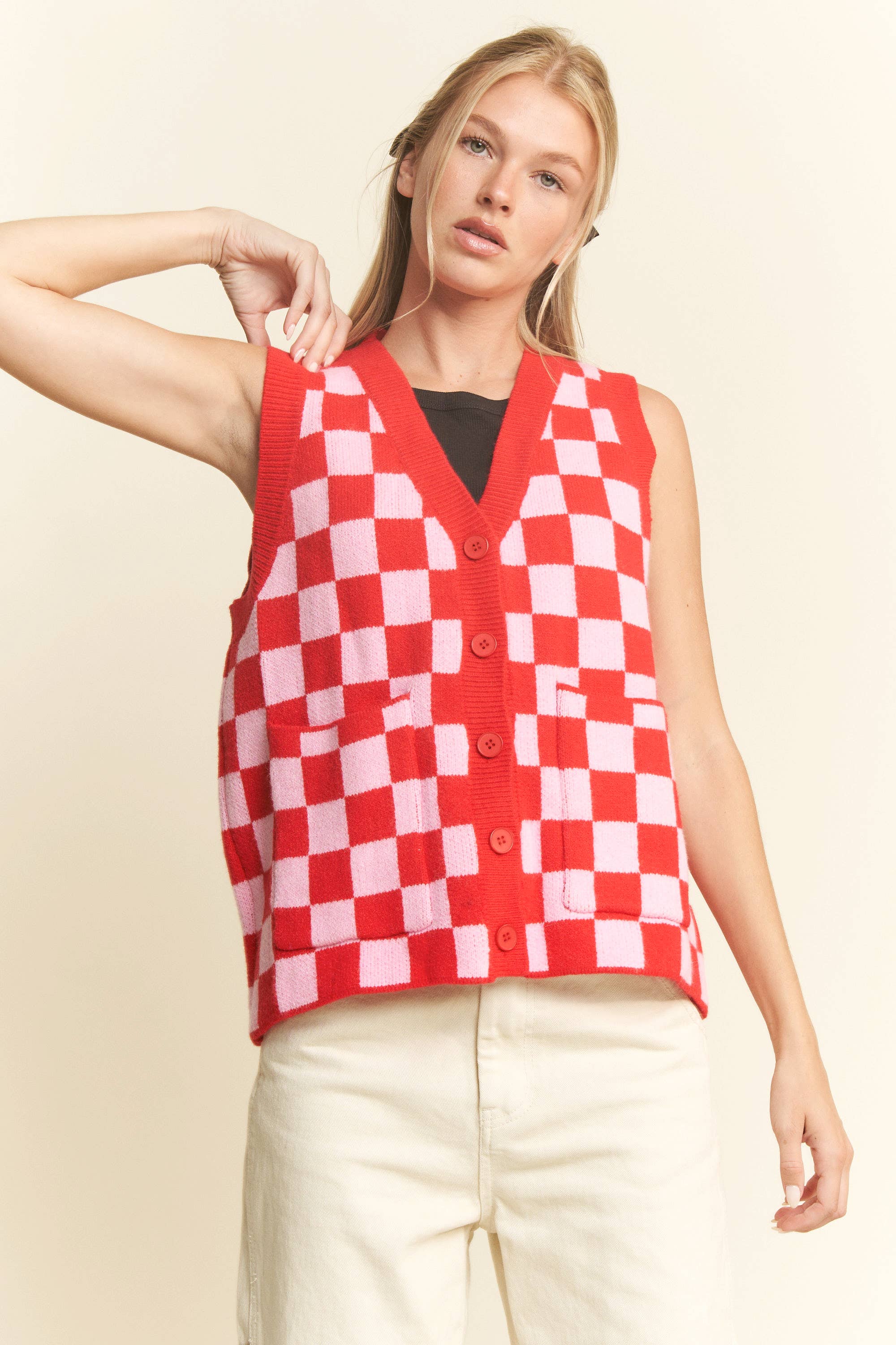 JADE BY JANE – Colete - Mulher por atacado – COLETE XADREZ SEM MANGAS COM DECOTE EM V11