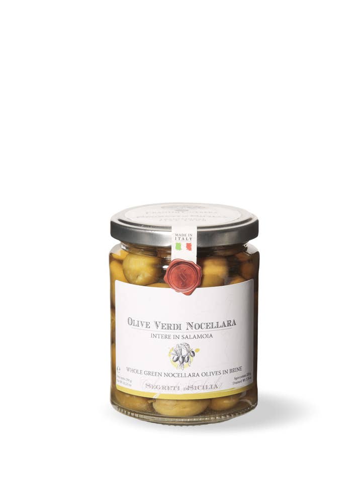 Olive verdi Nocellara intere in salamoia – Segreti di Sicilia per la vendita all'ingrosso da parte di Frantoi Cutrera
