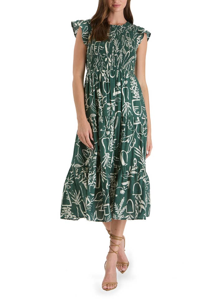 GELAAGDE MIDI-JURK MET KORTE MOUWEN EN GESMOKTE BLOEMEN voor wholesale door MINE