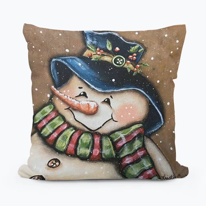 Kristie Snowman With Blue Hat Pillow for wholesale by LuckyBird Apparel and Home