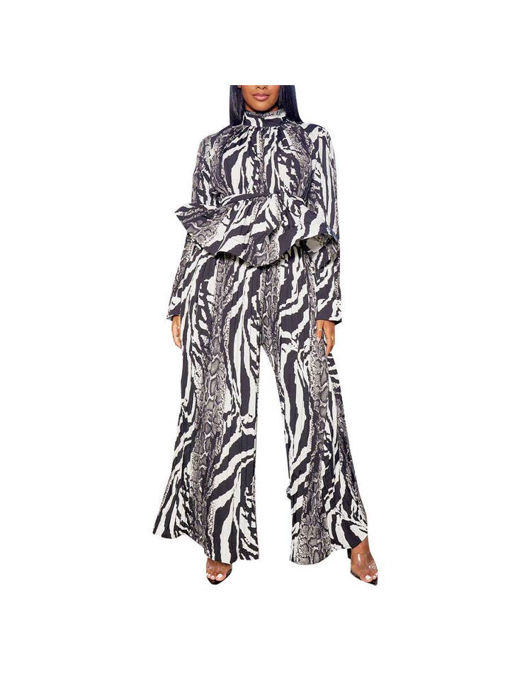 pinkblu02 - Wholesale Top & Pant Set (NOT Loungewear) - Women's - Lantern Long Sleeve Wide Leg Pants Casual Printed Two-Piece Set
