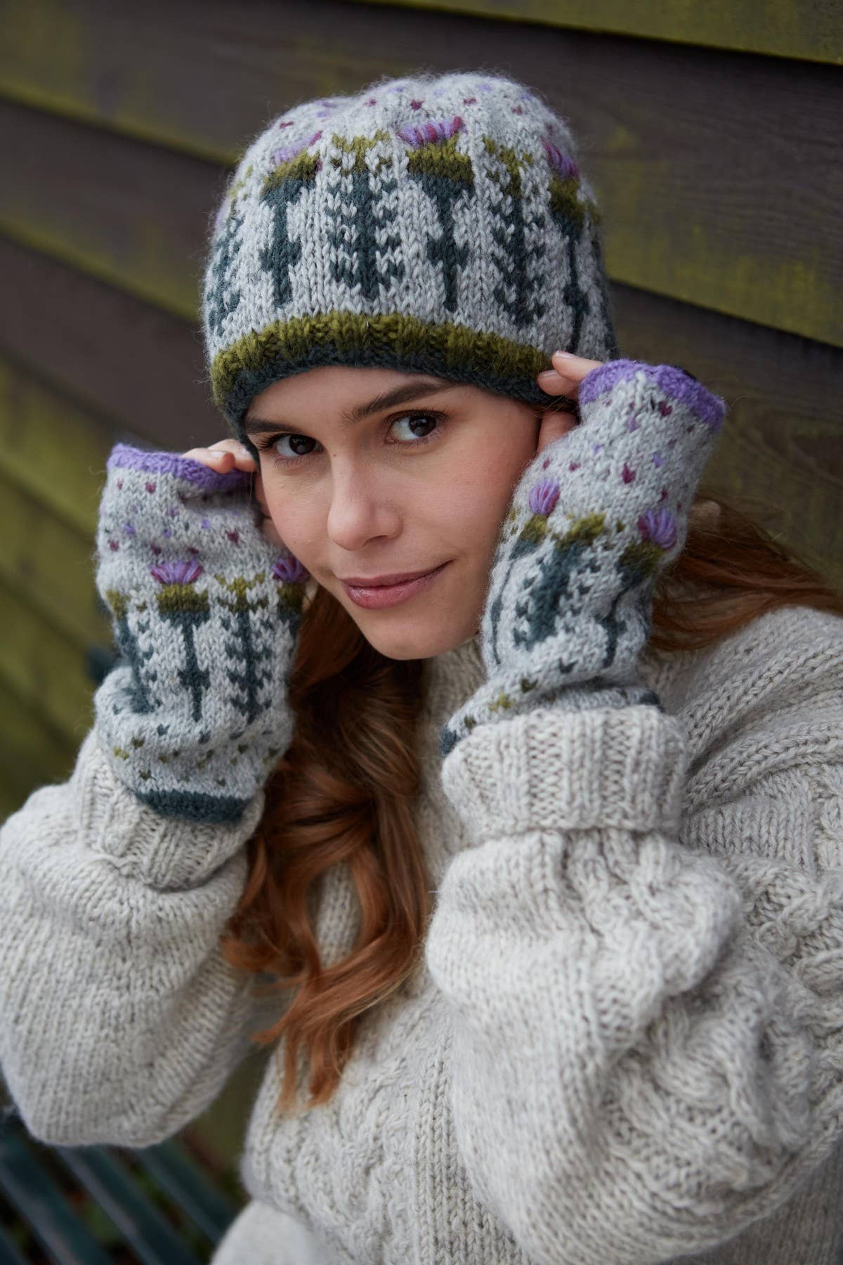 One Colour Scottish Thistle Knit Beanie Grey Wool Floral Hat for wholesale on Faire5