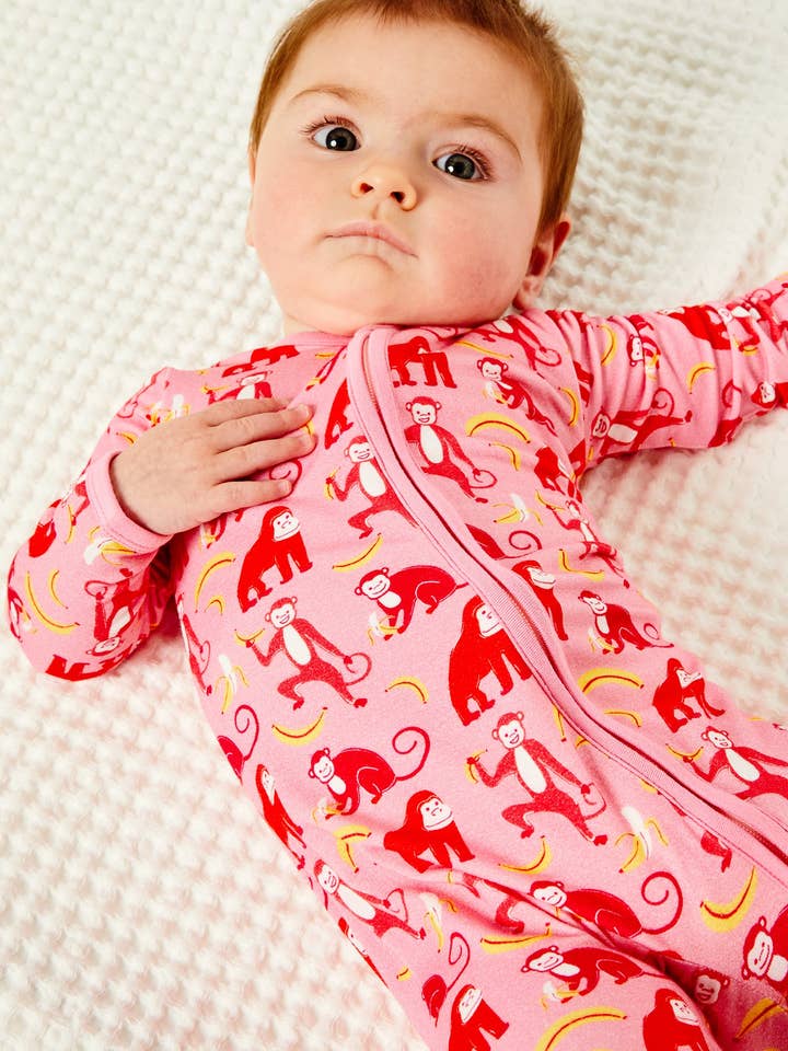 Soft & Stretchy Zipper Footie - Monkeying Around Pink for wholesale by Clover Baby & Kids