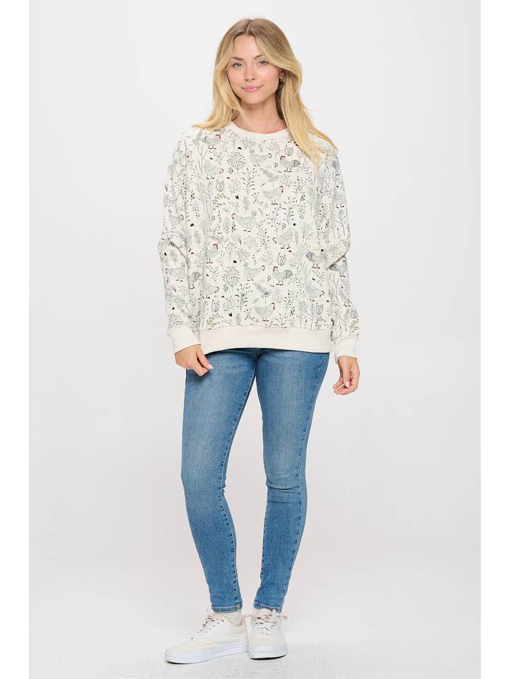 SM WARDROBE - Wholesale Sweatshirt - Women's - ROOSTER FLORAL PRINT SWEATSHIRT