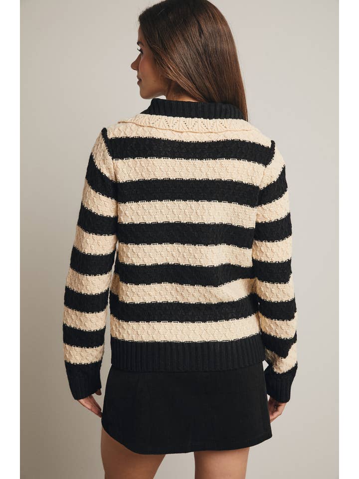 Forte - Wholesale Cardigan - Women's - Striped Knit Peter Pan Collar Cardigan FSW000520