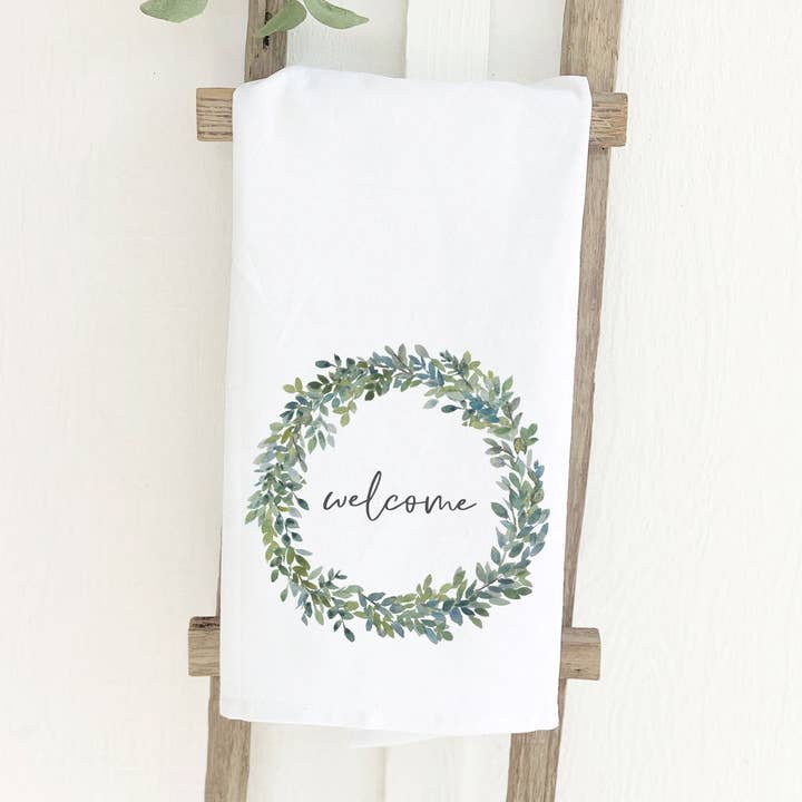 Welcome Boxwood Wreath - Cotton Tea Towel for wholesale by Indigo Tangerine