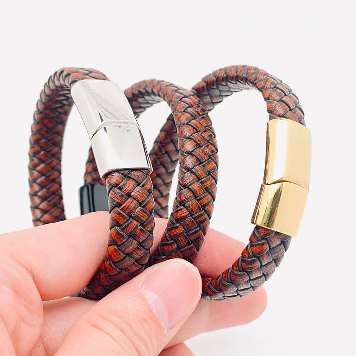 Leather Woven Stainless Steel Magnetic Snap Bracelet -MJ/BC for wholesale by Mio Queena
