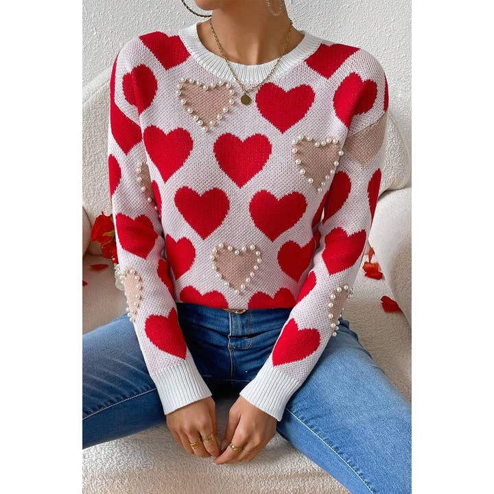 RED Round Neck Heart Shape Pearl Beads Knit Sweater for wholesale on Faire