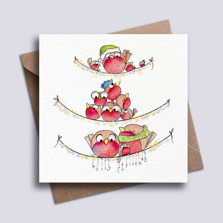 Tarjeta de Navidad Little Robins String Lights para venta al por mayor de PrettyLittleScribbles