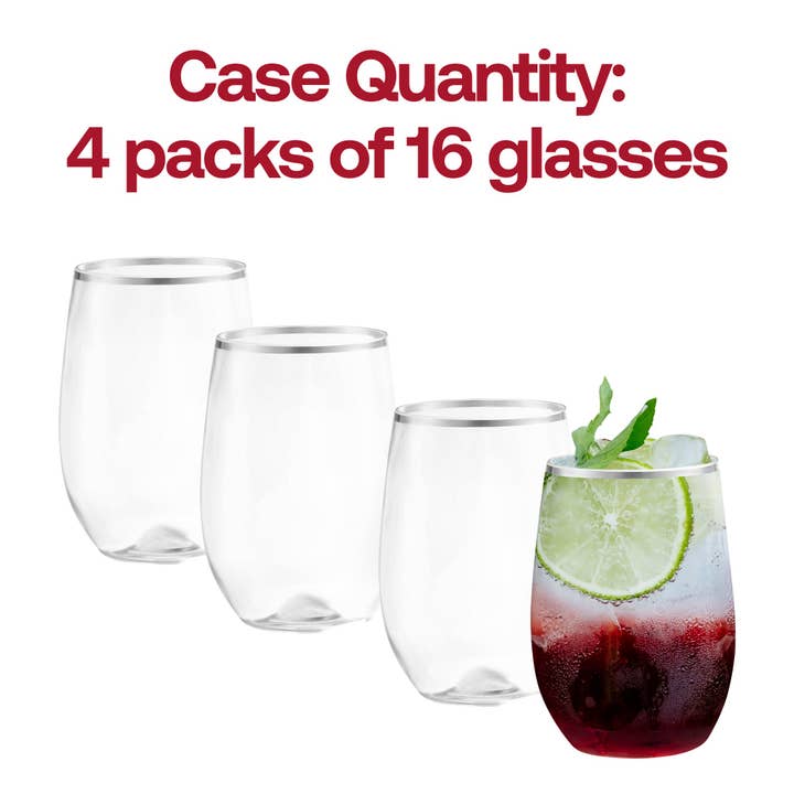 Smarty had a Party - Wholesale Wine Glass - 12 oz Clear w/ Silver Stemless Plastic Wine Glasses - 16 pcs4