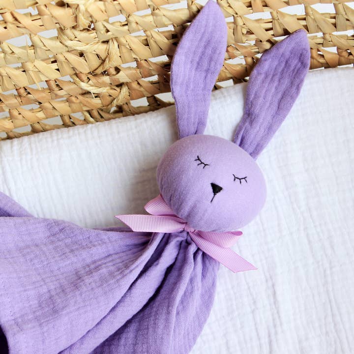 Muslin Baby comforter Bunny lovey - Lavender for wholesale by Pastel Baby