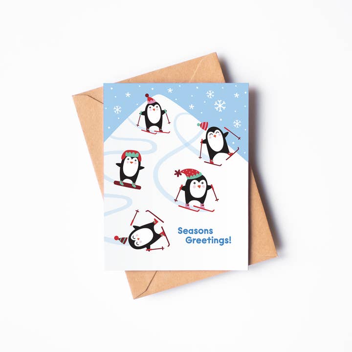 Skiing Penguins Winter Seasons Greetings Holiday A2 Card for wholesale by Allie Ogg