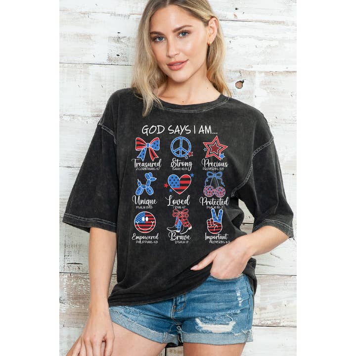 CHARCOAL GREY God Says I am oversize Mineral Wash T Shirt for wholesale on Faire