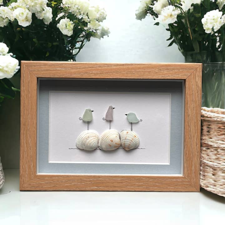Driftsea Creations - Wholesale Art Print - Three Sea Glass Birds on Shells Picture1