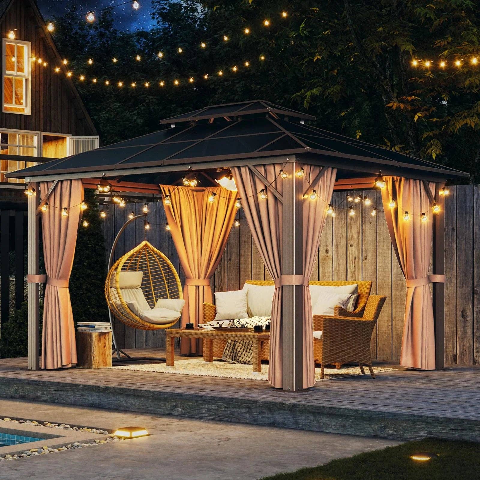 ShipItFurniture - Wholesale Outdoor Ornament/Decor - 10 Ft. X 12 Ft. Hardtop Gazebo, Double Polycarbonate Roof Aluminum Frame Gazebo W/Curtain and Netting, Brown0