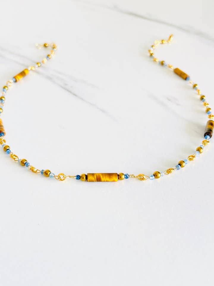 Tiger Eye, Tiny Blue and Gold Hematite Link Necklace for wholesale by Hand Art Soul