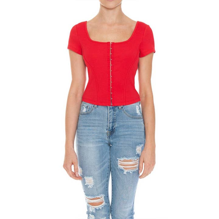 UP CLOTHING – wholesale Knit top – Women's – SQUARE NECK HOOK AND EYE BUSTIER SHORT SLEEVE TOP