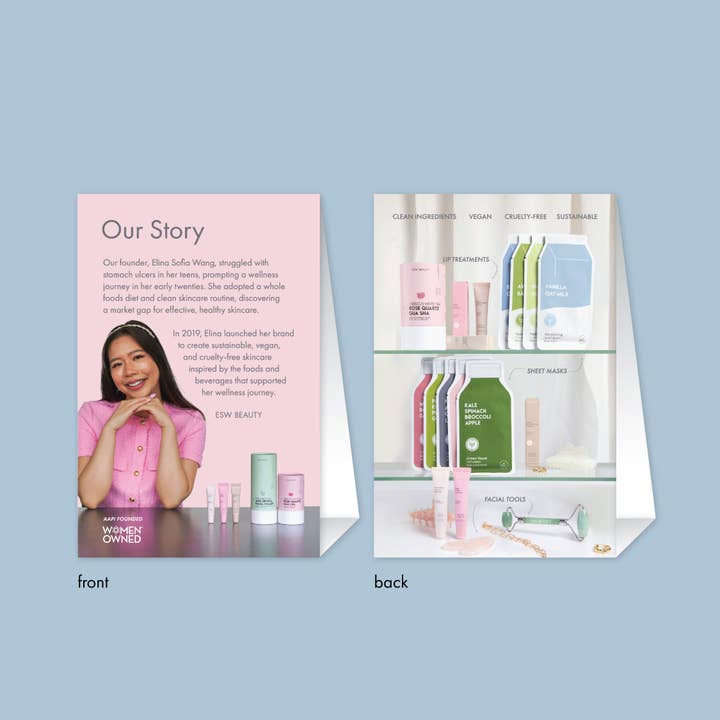 Our Story - Table Tent Card for wholesale by ESW Beauty