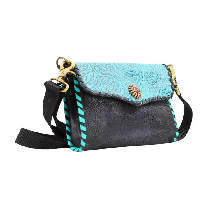 American Bison Tooled Turquoise Flap Over Clutch # AB 2409 for wholesale by Leather Impressions Inc