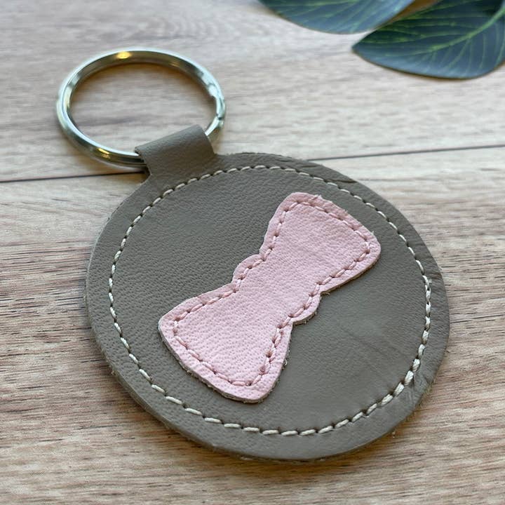 Leather Keychain, Brown with Pink Bow Design for wholesale by Mally Designs