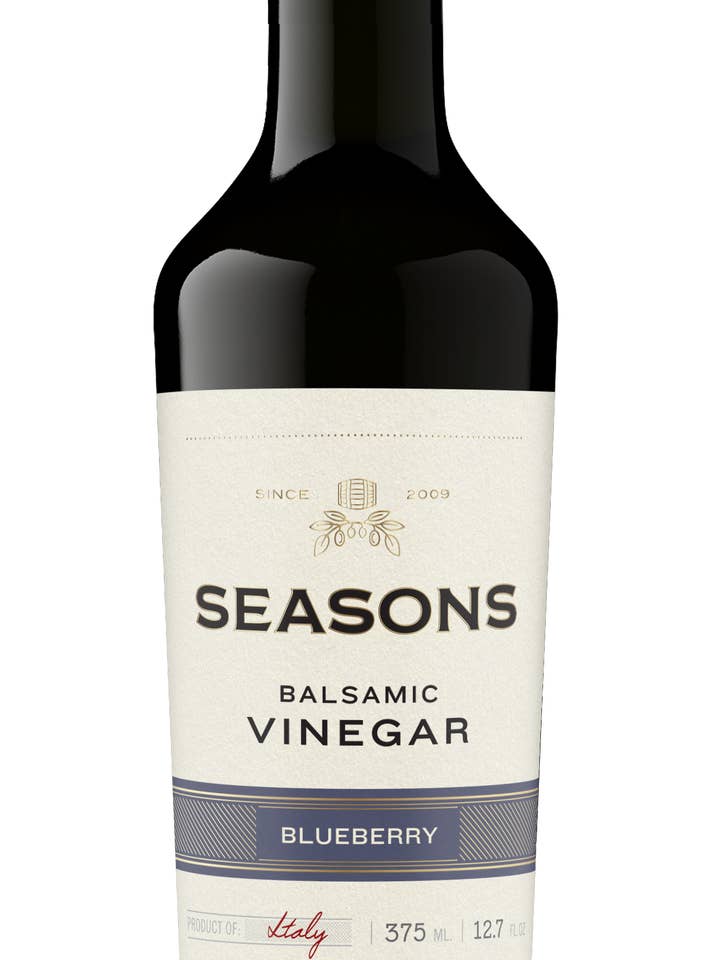 Blueberry Infused Dark Balsamic Vinegar for wholesale by Seasons Olive Oil & Vinegar Taproom