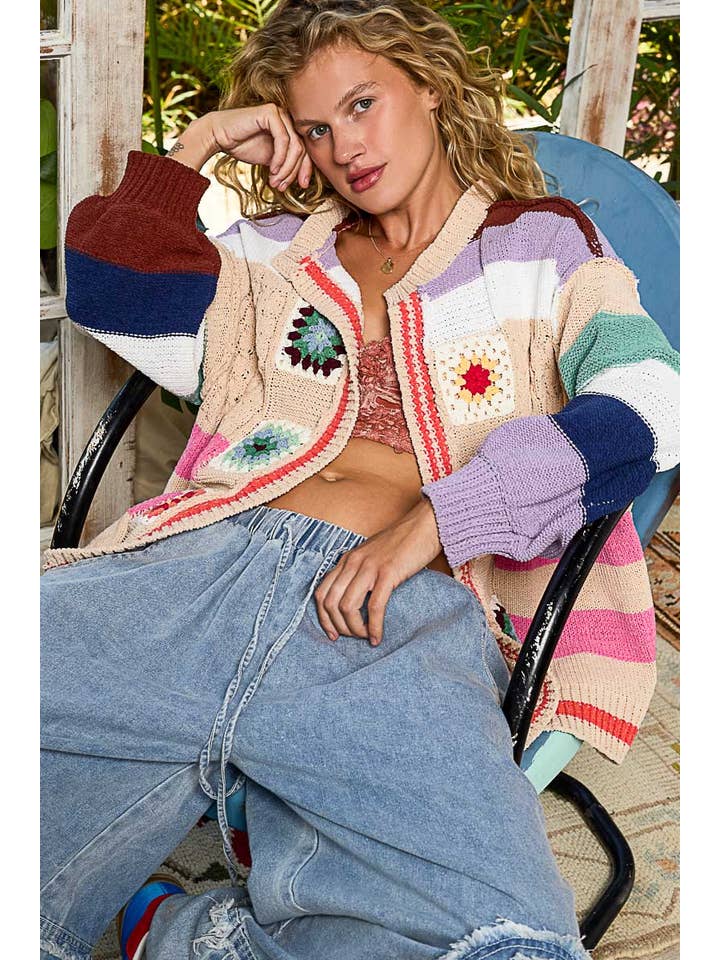 Pol Clothing - Wholesale Cardigan – Women’s - Balloon Sleeve Handmade Patch Open Cardigan6