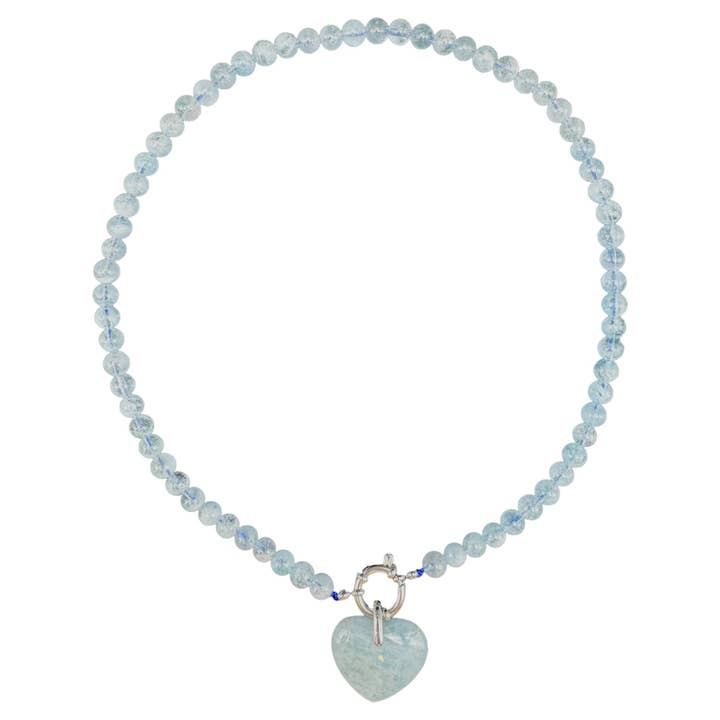 Aquamarine necklace with silver steel buoy attachment with heart pendant for wholesale by Foliesbijoux