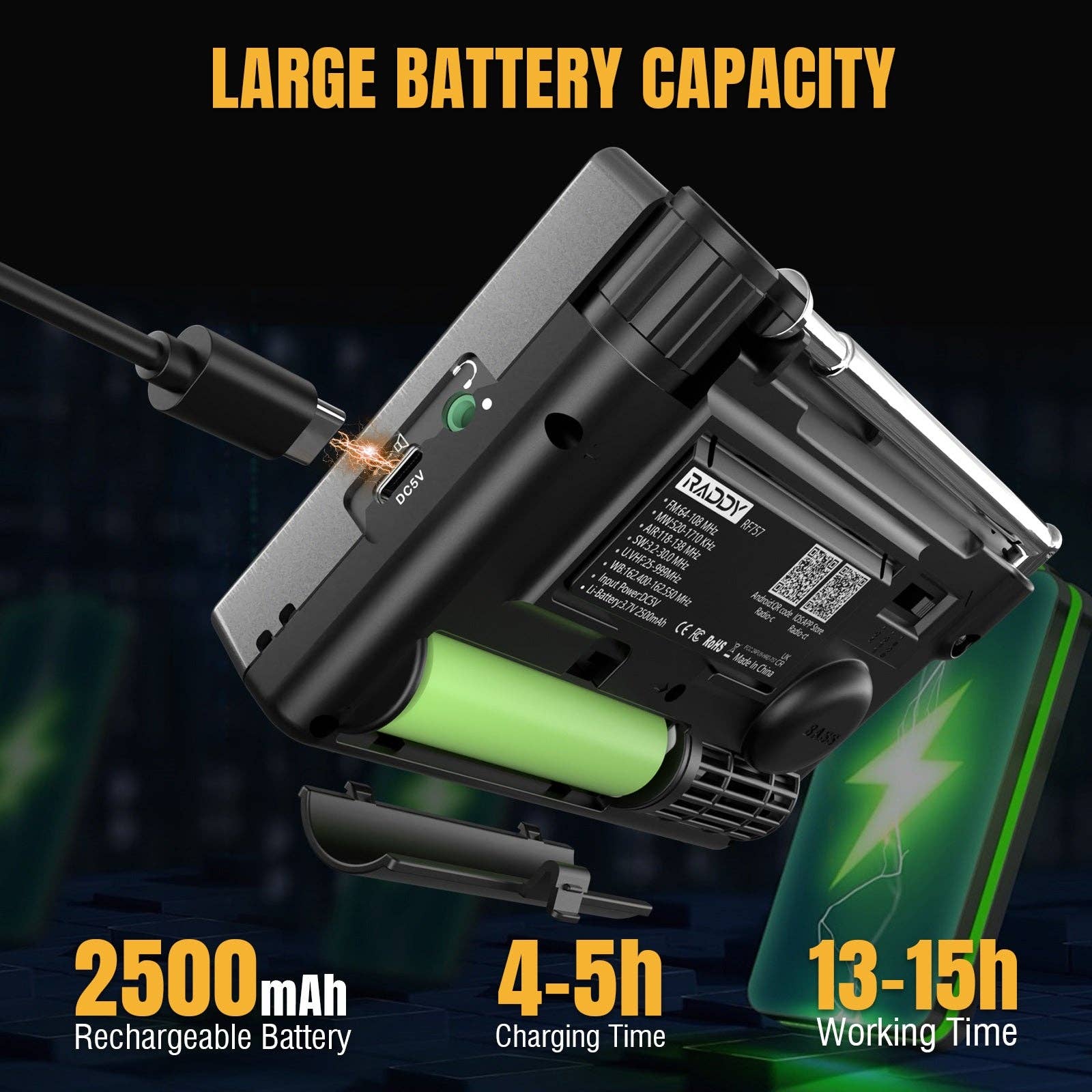 Radioddity - Wholesale Portable Charger - Raddy RF757 Shortwave Radio | APP Control | AM/FM/SW/VHF/UHF/CB/AIR/NOAA | 1000 Presets | Bluetooth 5.0 | 2500mAh Battery6
