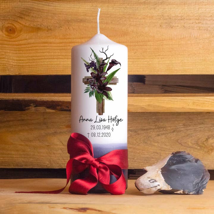 Memorial Candle Flower Cross | 15 - 30 cm Height | Personalized for wholesale by Die Kerzenwerkstatt