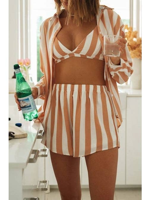 Orange Ladies Stripe Top and Shorts Daily 3PCS Set SKST1704 for wholesale on Faire