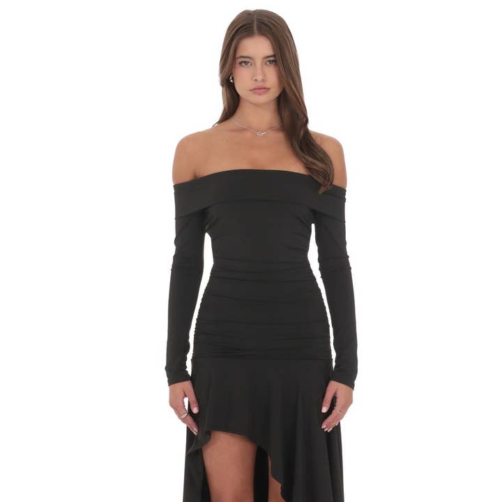 Lucy In The Sky - Wholesale Dress - Women's - Asymmetrical Off Shoulder Dress in Black3